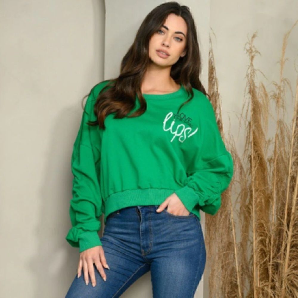81. WOMEN'S OVERSIZED RUCHED LONG SLEEVE GRAPHIC SWEATSHIRT
